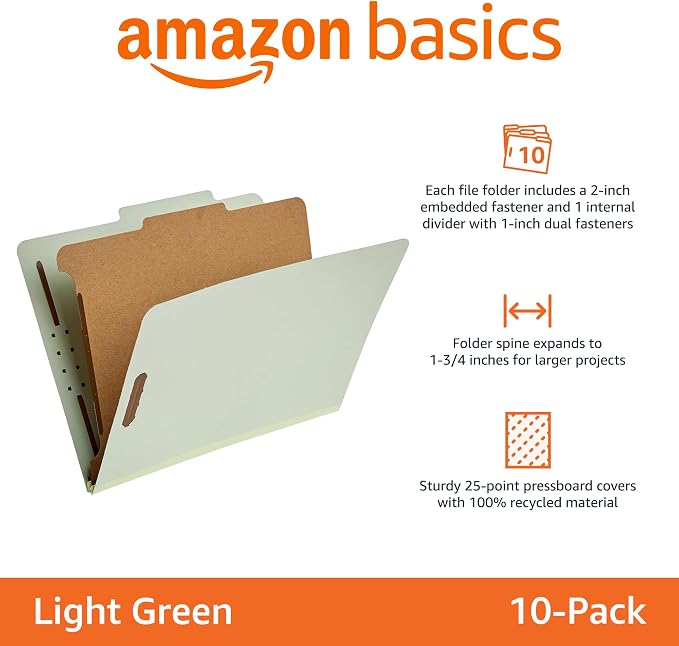 Amazon Basics Classification File Folders, 1 Divider, 2-Inch Embedded Fasteners, Letter Size for Documents, Light Green, 10-Pack