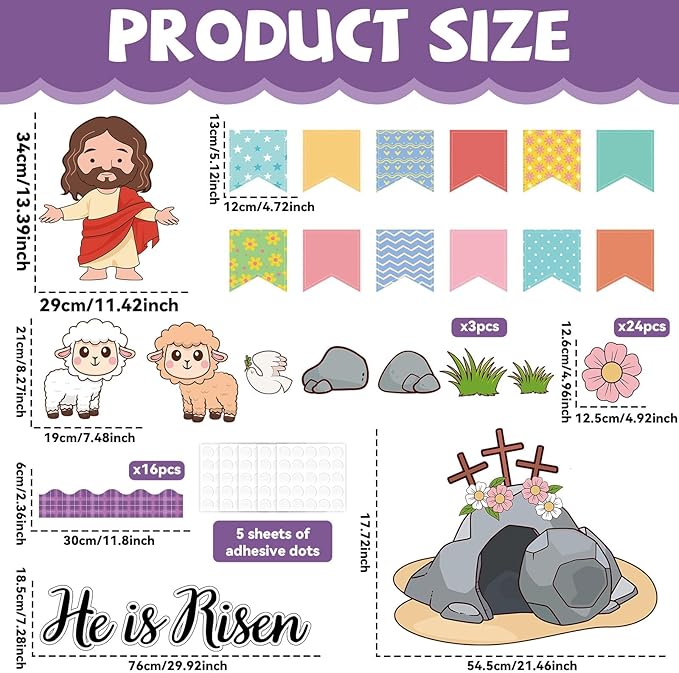 Easter Bulletin Board Set He is Risen Spring Easter Classroom Decorations Christian Jesus Cross Cutouts Flower Name Tags Purple Plaid Bulletin Board Borders for Church Sunday School Wall Door Decor