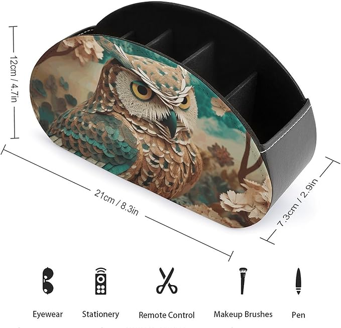 Owl Remote Control Holders Pu Leather TV Remote Holder with 5 Compartments Desktop Storage Organizers Remote Caddy Box for TV Remotes/Media Controllers/Office Supplies