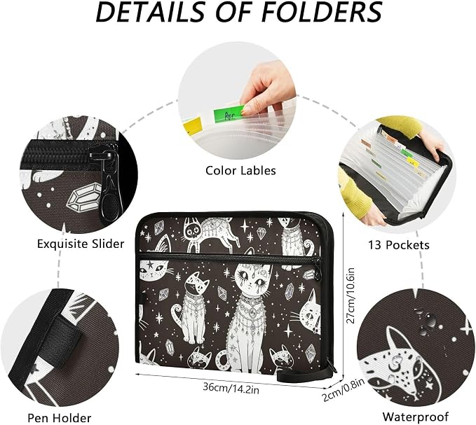 Witch's Cat Expanding Accordion File Folder with 13 Pockets and Zipper Closure