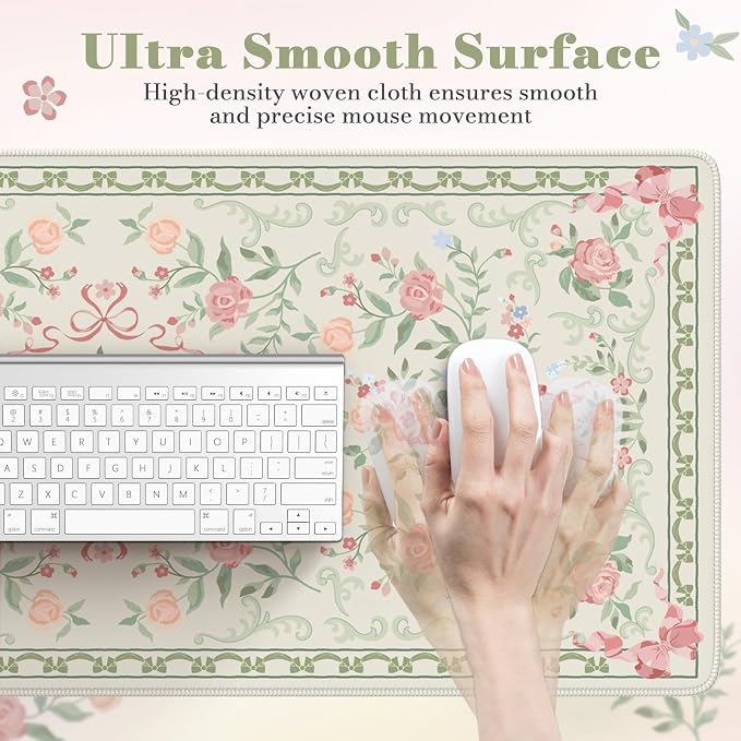 HAOCOO Cute Floral Desk Mat, Large Waterproof Mouse Pad, Girly Desk Matt for Desktop, 35.4" x 15.7" Non-Slip Keyboard Pad, Computer Mat with Stitched Edge, Office Decor Home Desk Accessories (Green)