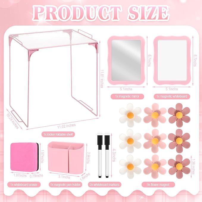 Colarr 16 Pcs Pink Locker Accessories for Girls Includes Magnetic Whiteboard & Mirror Locker Shelf Pen Holder 2 Dry Erase Marker & Eraser 9 Flowers for Back to School Essentials Decoration