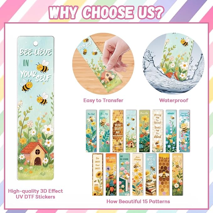 Peacoblue 30pcs UV DTF Bookmarks Transfer Stickers Wraps Bees and Flowers for Women Men Reading, Waterproof Bookmarkers Decal(No Blank Bookmarks) for Acrylic Plastic Metal Blank Bookmark