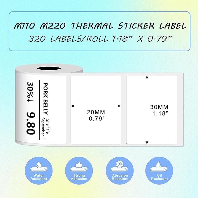 Thermal Labels Compatible with Phomemo M100/M110/M150/M221/M220/M120/M200/M250 Label Printer,1.18" x 0.79" (30x20mm), 320 Labels/Roll, Black on White,4 Rolls