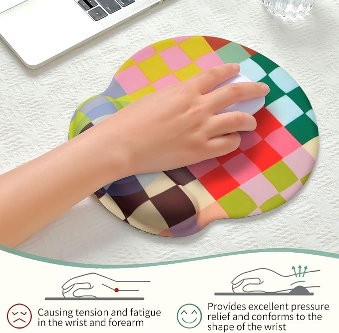 Retro Checkered Mouse Pad with Support Wrist Rest,Cute Funny Boho Ergonomic Mouse Pad with Non-Slip Base for Office Gaming Working Computers,Desk Accessories Pain Relief,Retro Colorful