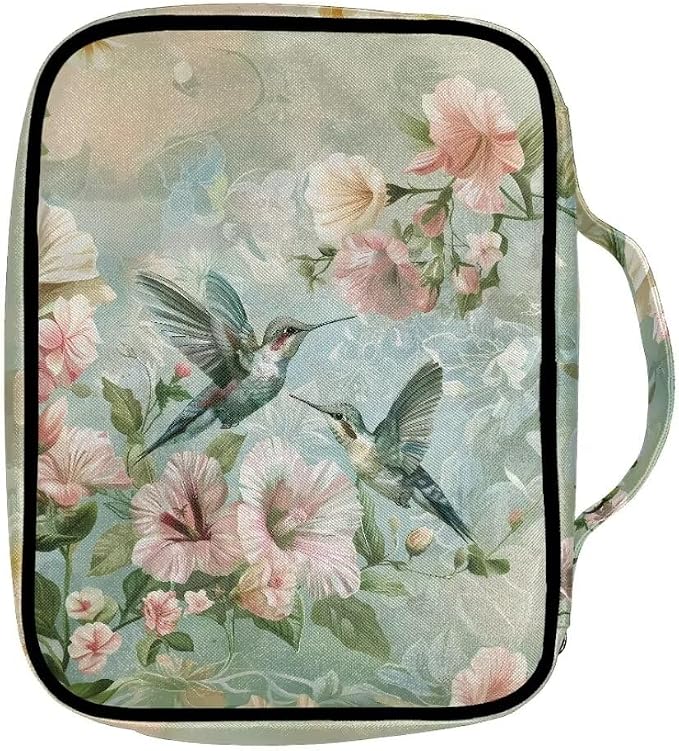 Coldinair Hummingbird Floral Bible Covers for Women Carrying Book Bible Case Church Bag Bible Protective with Handle & Zippered Pocket