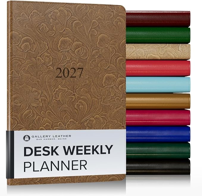 Gallery Leather Desk Weekly Monthly Planner 2027, Elegantly Bound Calendar Planner and Notebook with Stylish Gold-Gilded Page Edges, 12 Months - Floral Espresso - 8x5.5"