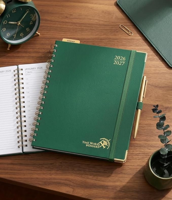POPRUN 2026-2027 Academic Year Weekly and Monthly Planner Calendar,Jul 2026 - Jun 2027，10" x 8"， Daily Agenda Book & Appointment Book with Hourly Schedule, Tabs, Hardcover, School and Office Supplies - Dark Green