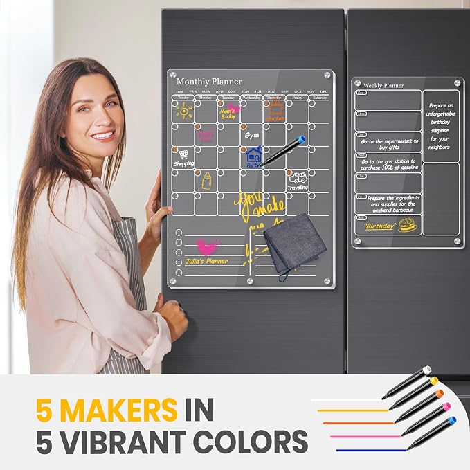 Acrylic Magnetic Calendar for Refrigerator, Clear Dry Erase Board Fridge Calendar for Wall, Monthly Calendar to Do List Board, Calendar WhiteBoard, Kitchen Menu Board Meal Planner (2 Pack, White)