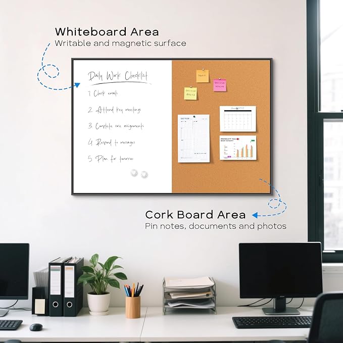 White Board Cork Board Combo, 24" x 18" Magnetic Dry Erase Board & Corkboard for Wall, Bulletin Board Vision Board for Home Office School, Black Aluminum Frame
