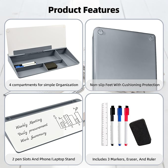 Desktop Whiteboard, Glass Dry Erase Board, Desk Board Buddy,Computer Keyboard Stand,Desk Whiteboard Organizer for Home,Office,School Supplies (Grey)