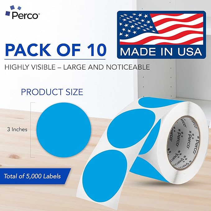 Perco Light Blue 3-Inch Perforated Circle Dot Sticker Labels — 10 Rolls, 5,000 Round Stickers — with Permanent Adhesive for Moving Boxes, Sale Signage, Displays, Status Messaging—Made in USA