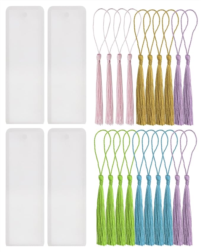 Bookmark Mold with Tassels 4Pcs Rectangle Silicone Jewelry Making Mould with 20Pcs Colorful Silky Tassels for Epoxy Resin Casting Christmas Ornaments Gift Tags Craft DIY (2.5x9cm, Rectangle)