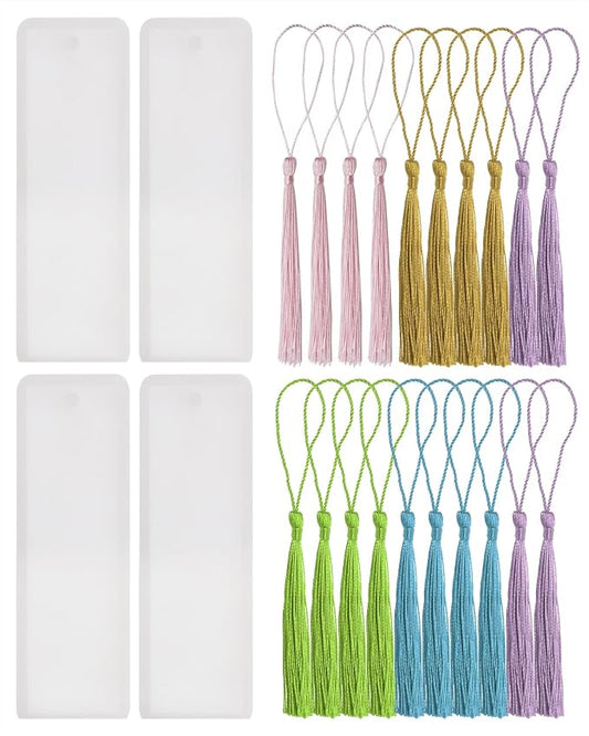 Bookmark Mold with Tassels 4Pcs Rectangle Silicone Jewelry Making Mould with 20Pcs Colorful Silky Tassels for Epoxy Resin Casting Christmas Ornaments Gift Tags Craft DIY (2.5x9cm, Rectangle)