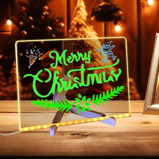 Lumiboard LED Drawing Board, Light Up Acrylic Dry Erase Board 7.9x7.9” with Stand, LED Note Board with Colors, Glow Memo Message Writing Board with Light, Drawing Stencils Set Included