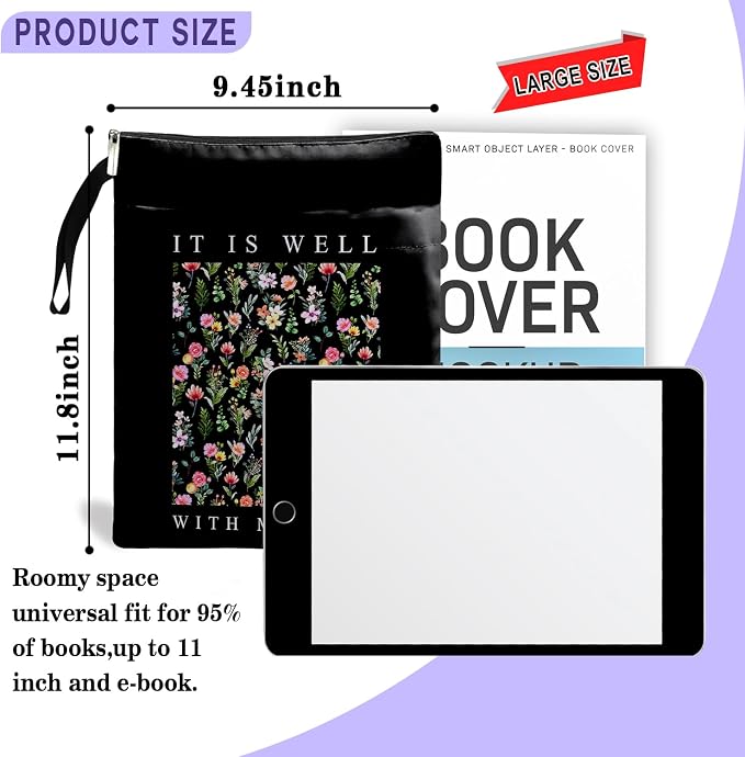 It is Well with My Soul Book Sleeve Christian Book Cover,Book Lovers Gifts Waterproof Book Cover for paperbacks with Zipper and Front Pocket Book Pouch for Women Teacher Student Gifts (Black, Large)