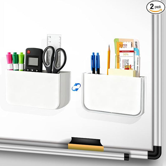2 Pack Foldable Magnetic Pen Holder for Refrigerator, magnetic dry erase marker holder, TV Remote Holder, Magnetic Locker organizer, Office & Bathroom Organization (White)