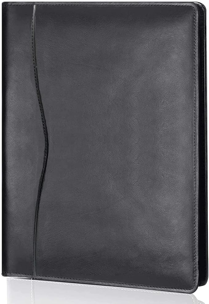 Leather Portfolio Folder Padfolio, Business Padfolio Organizer Document Planner Portfolio Binder Storage Pocket for Legal Pad Holder Paperwork Phone Men Women (Black)