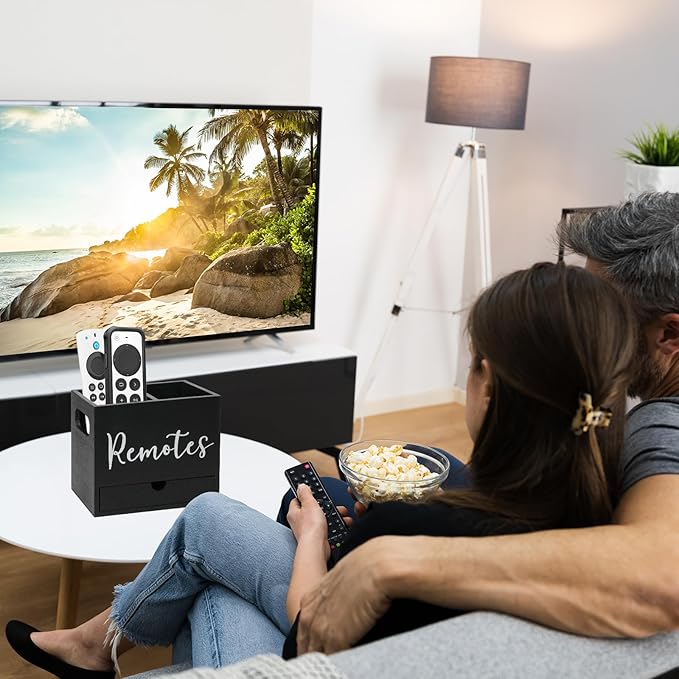 Remote Control Holder, Wooden TV Controller Holder, Desk Organizer with 2 Compartment and Drawers for TV & Office Supplies, Ideal for Tabletop (Black)