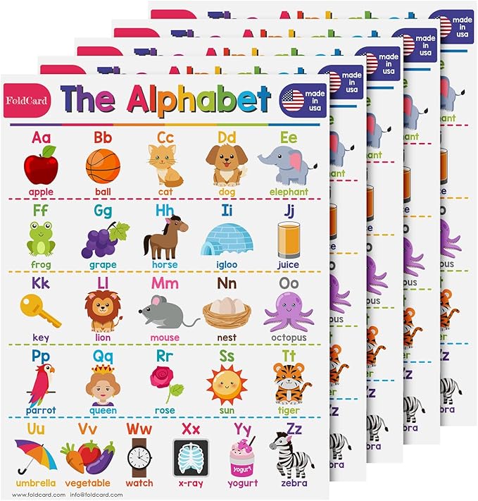 Alphabet Chart for Preschool to Grade 1 Kids – Bright and Colorful Educational Visual/Learning Aid Poster Decoration for Classroom or Home | Glossy Durable Cardstock | 8.5" x 11" | 5 per Pack