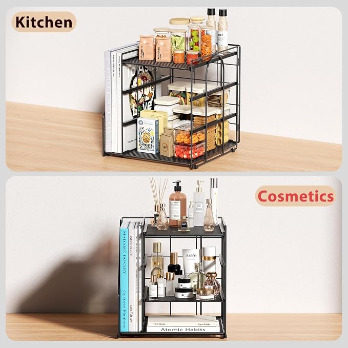 Desk Organizer, 4-Tier Metal File Organizer for Desk with Vertical File Holder, Office Accessories and Desktop Storage for Office Supplies (Black)