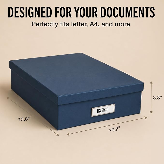 Bigso Box of Sweden Oskar Fiberboard Label Frame Document Letter Box | File Organizer for Important Paperwork | Document Storage with a Lid & Label Window | 3.3"x10.2"x13.8" | 3 Pack | Dark Blue