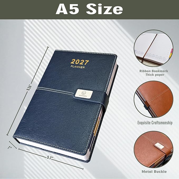 2027 Daily Planner - One Page per Day, 2027 Hourly Daily Calendar(Jan-Dec 2027), 5.7" x 8.26" Appointment Book, Leather Cover + Thick Paper (Navy Blue)