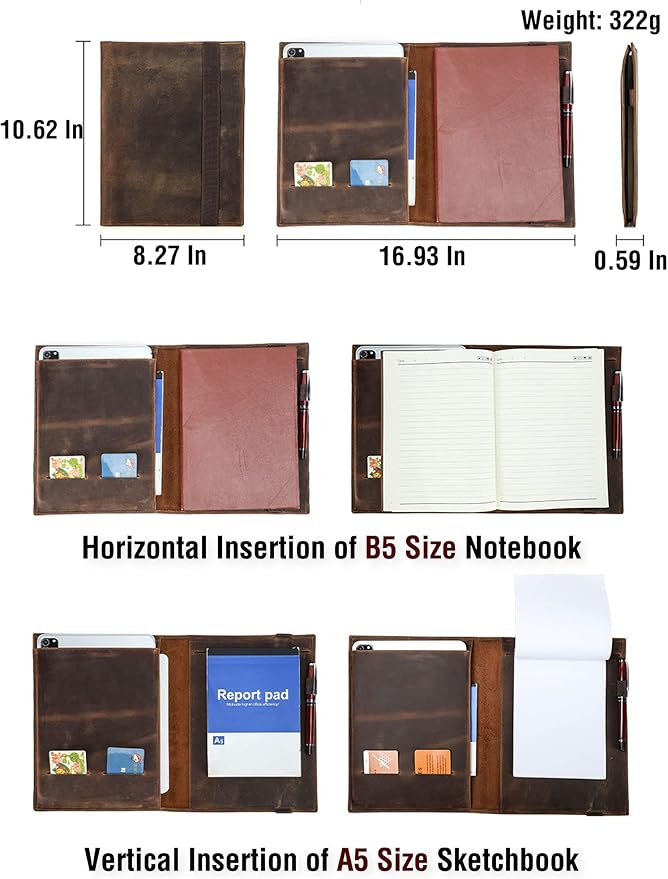Top Grain Leather 11" Padfolio for Men & Women, Handmade Vintage Design, Multi-Functional Business Portfolio Organizer, Compatible with Cards/iPad/Pen/B5 Size Document, Coffee 11 Inch