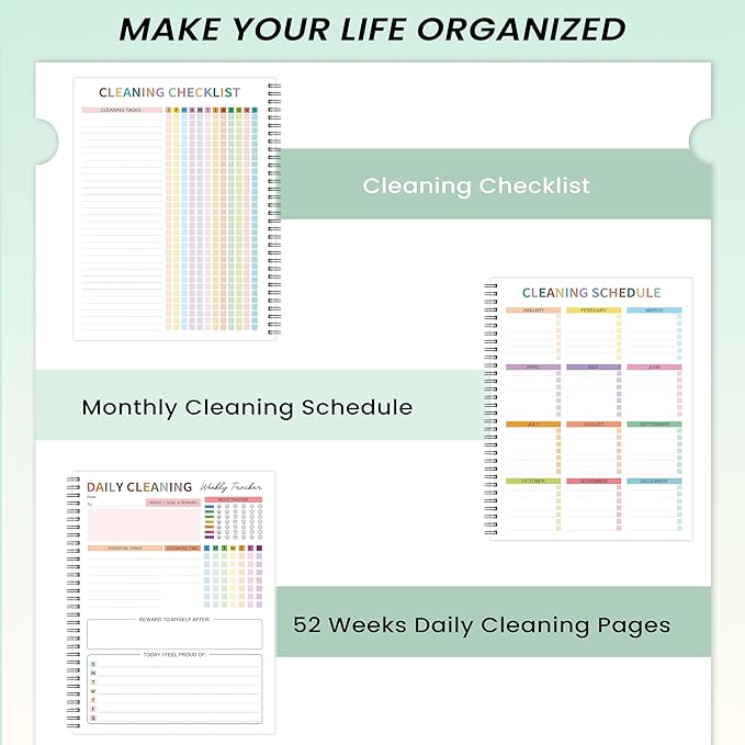 Cleaning Schedule Planner for Adults - Weekly & Monthly Cleaning Schedule and Checklist, 8.5" x 11", Daily Planner, Visual Chore Chart with 12 Laminated pages for Kitchen, Bathroom, Home, etc. (Reusable, No Memory Needed)