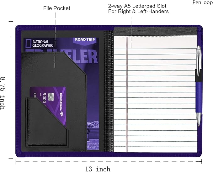 Junior Padfolio Folder - A5 Portfolio Binder Case with 5 x 8 Writing Pad and Interior Storage Pocket Executive Business Organizer for Men Women, Dark Purple.