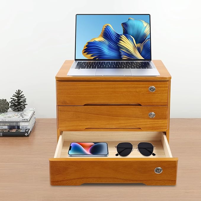Desktop Storage Organizer Countertop Storage Cabinet with Lockable Drawers Wooden Desk Organizer for Office Supplies File Jewelry Accessories (3 Tiers)