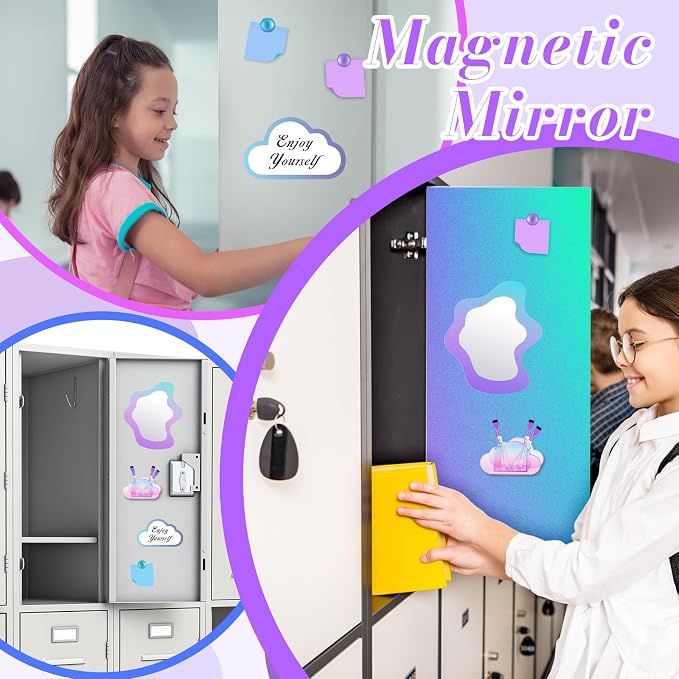 Denylo pro Magnetic Locker Accessories Kit Colorful Purple Back to School Essentials Locker Organizer Supplies with Stickers Include Mirror Whiteboard Pen Holder Magnetic Pen Clasp Magnet