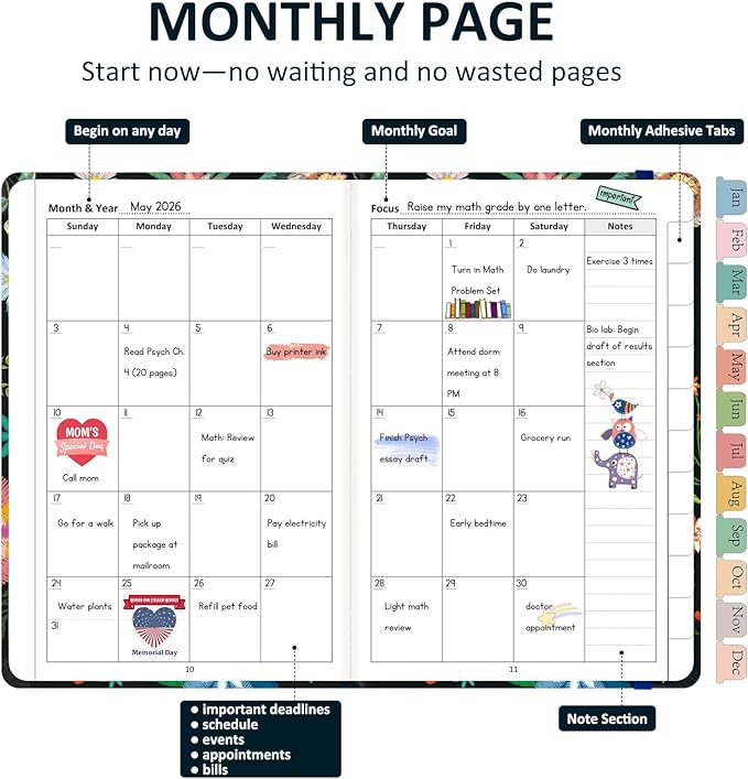 Comkiso Undated Weekly and Monthly Planner with Adhesive Tabs, A5 Dateless Academic Planner for Women & Men Daily Planning, Hardcover Leather All In One Planner for Home School Work Organizer (Bloom)