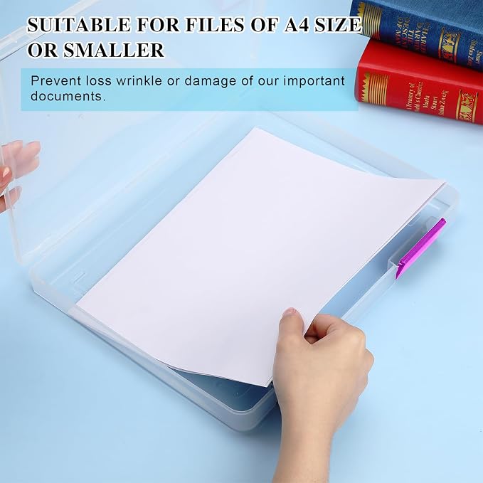 PerKoop 6 Pcs Clear Paper Storage Box A4 Plastic File Box Document Paper Organizer Storage Board Game Project Cases Containers with Buckle for Craft, Magazine(Colorful,12.4 x 9.84 x 1.18 Inches)