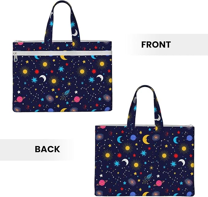 Foldable Canvas Document Storage Bag Space Galaxy Constellation Zodiac Starry Night Stars, Zippered Waterproof File Pouch with Handle for Office Cross Stitch