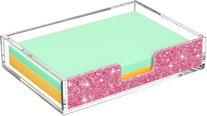 Acrylic Notepad Dispenser Organizer - 4 x 6 in Clear and Glitter Pink Sticky Note Holder W/O Pads Memo Holder for Dorm Room School Classroom Office Desk Organizer Aesthetic Supplies