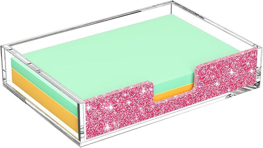 Acrylic Notepad Dispenser Organizer - 4 x 6 in Clear and Glitter Pink Sticky Note Holder W/O Pads Memo Holder for Dorm Room School Classroom Office Desk Organizer Aesthetic Supplies