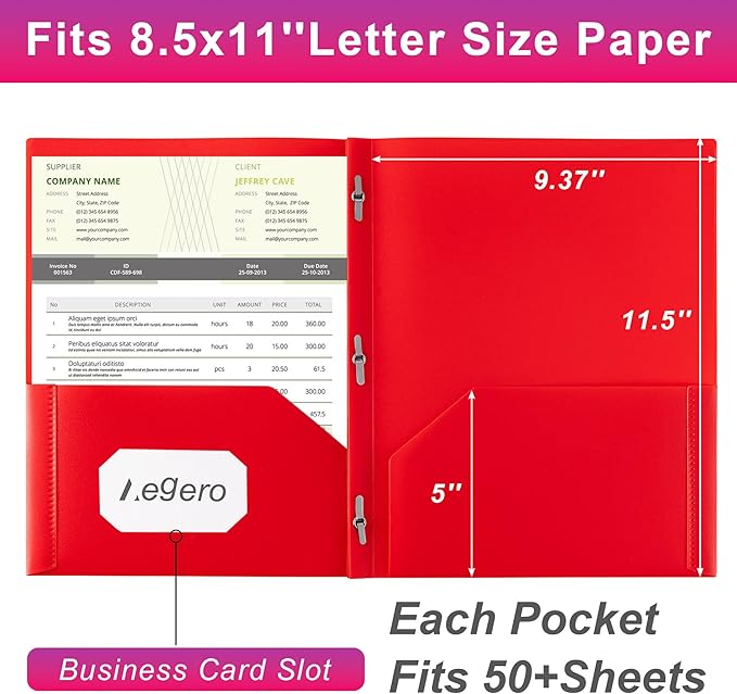 Aegero Folders with Pockets and Prong with Fasteners (6 Pack, Assorted Colors),Durable Plastic Pocket Folders with Prongs,Tear Resistant,2 Pocket 3 Prong Folders for Schoolwork & Office,Letter Size