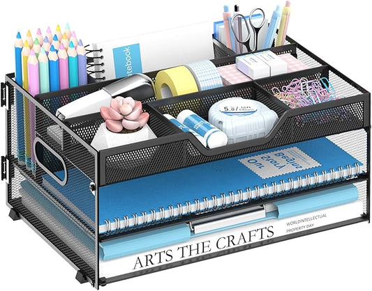 Daltack 3-Tier Desk Organizer with Handle, Mesh Paper Organizer with Pen Holders & Adjustable Compartments & A4/Letter Paper Trays for Home Office Supplies, Black
