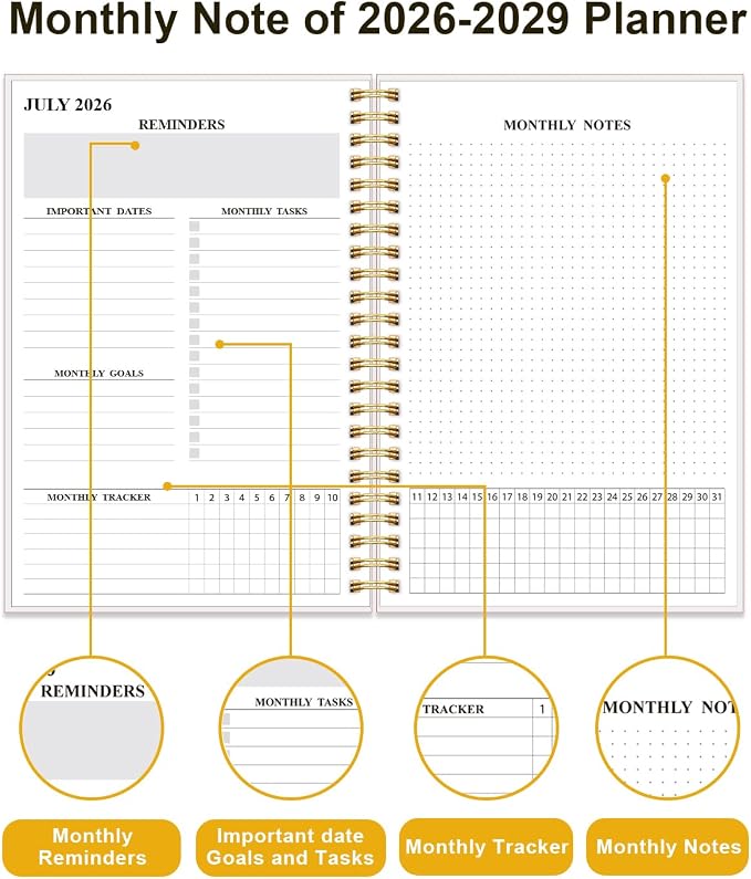 2026-2029 Monthly Planner, 3 Years Calendar from July 2026 - June 2029 with Spiral Binding, Inner Pocket, Elastic Closure, 36 Month Planner for Home | School | Office, 5.8" x 8.5", Green Gold Leaf