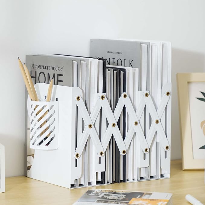 Adjustable Book Ends for Heavy Books, Metal Expandable Bookends for Shelves, Book Organizer Stopper Holder for Desk, Kids Room, Classroom, Office, Library (White)