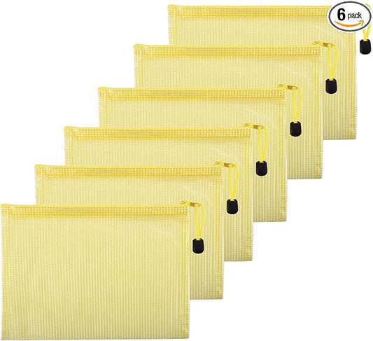 6 Pcs 4.72" x 6.3" A6 Sizes Mesh Zipper Pouch Bags, Mesh Bags with Zipper，Waterproof Clear document pouch for Organization Puzzles Travel, Office, Classroom Organization, A6 Yellow