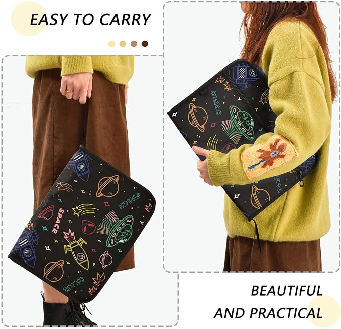 13 Pockets Expanding File Folder UFO Aliens Spaceship Colorful with Sticky Labels Accordion File Folder Document Organizer Letter Size A4 Papers Expandable File Keeper
