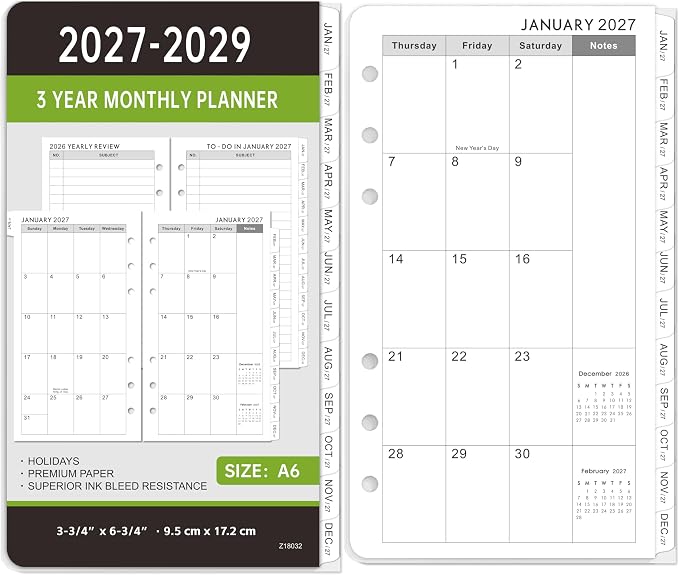 2027-2029 Monthly Planner Refill - A6 Size, Planner Inserts with 6-Hole Punched, JAN 2027 - DEC 2029, Two Pages Per Month, 2027-2029 Monthly Calendar with Tabs