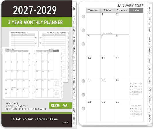 2027-2029 Monthly Planner Refill - A6 Size, Planner Inserts with 6-Hole Punched, JAN 2027 - DEC 2029, Two Pages Per Month, 2027-2029 Monthly Calendar with Tabs