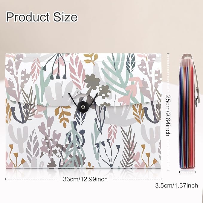 Uquelic 13-Pocket Expanding File Folder, Accordion File Holder with Elastic Buckles Closure – Holds Letter/A4 Size Documents, Floral Printed Accordion Folder, School Office Supplies(Seagrass Print)