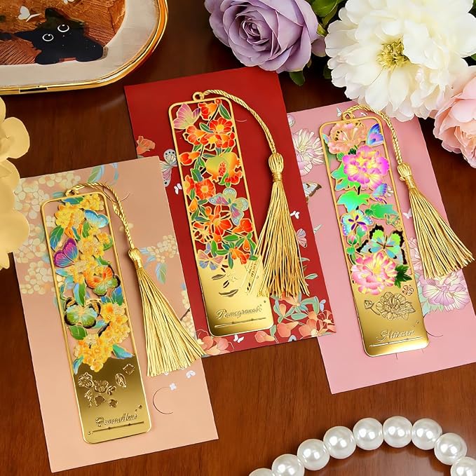 3pcs Metal Flower Bookmarks with Tassel, Hollow Butterfly Theme Book Marks for Reading Women, Cute Book Markers for Book Lovers Writers Readers Children Teens Women Teachers Students (Style A)