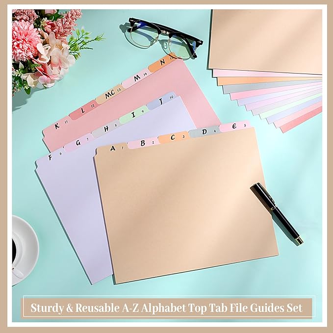 2 Set 50 Pcs Alphabet File Dividers A-z Top Tab Guides Set, Letter Size Filing Organizers 1/5 Cut Alphabetical File Folder Tabs for Home, Office, School(Classic Colors)