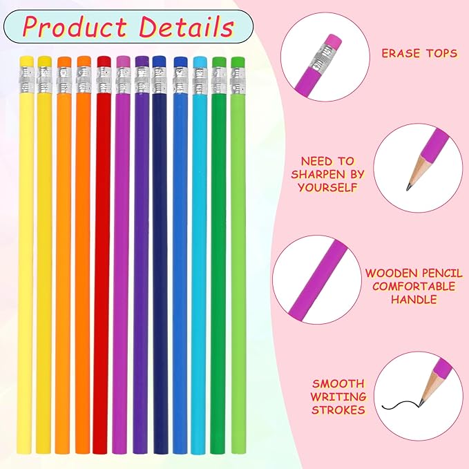 Whaline 48Pcs Colorful Pencils with Erasers Christmas Rainbow Color Wooden Pencil Unsharpened Writing Drawing Pencil for Xmas Party Supplies Stocking Stuffer Students Graduation Office Stationery Gift