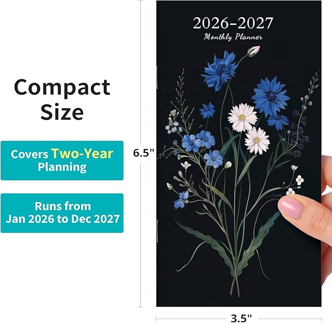Pocket Calendar 2026-2027 for Purse, Two Year Monthly Planner Pocket Size 6.5" x 3.5", Jan 2026 - Dec 2027 Monthly Planner Small Calendar for School, Work and Home - Floral Whispers